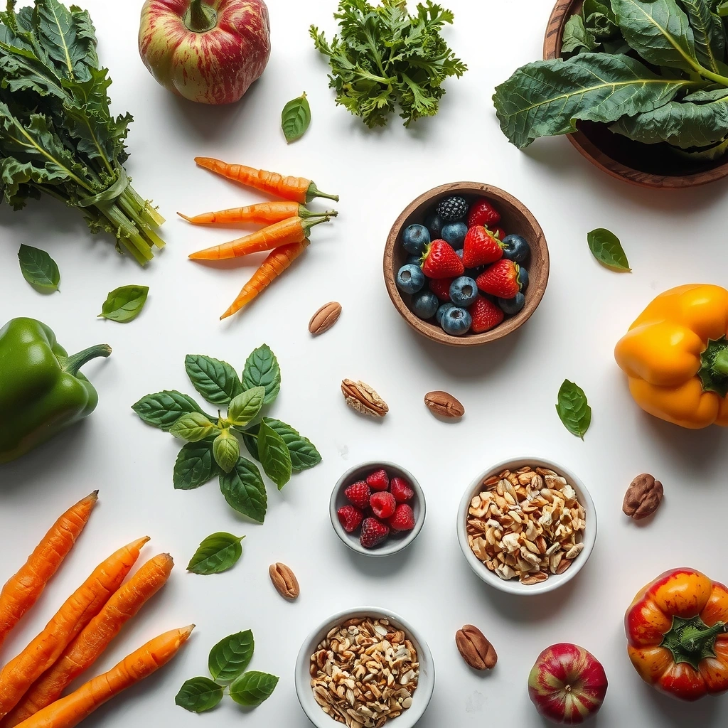 Gesunde Lebensmittel - Frisches Gemüse, Obst und Vollkornprodukte